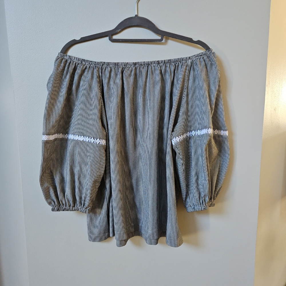 Ann Taylor Black White Striped Puffy Sleeve Off Shoulder Blouse - Size Large